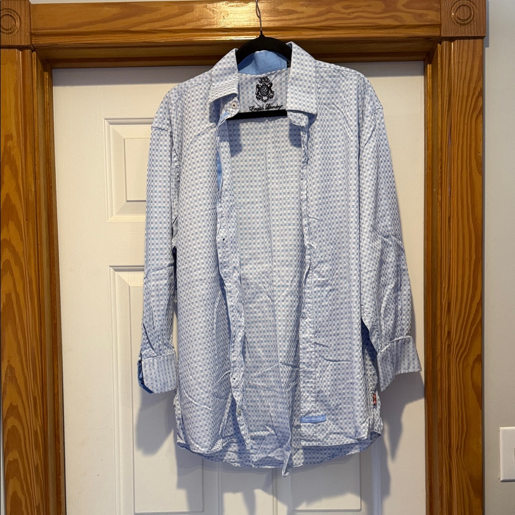 English Laundry Blue And White Checked Dress Shirt With Navy Crest